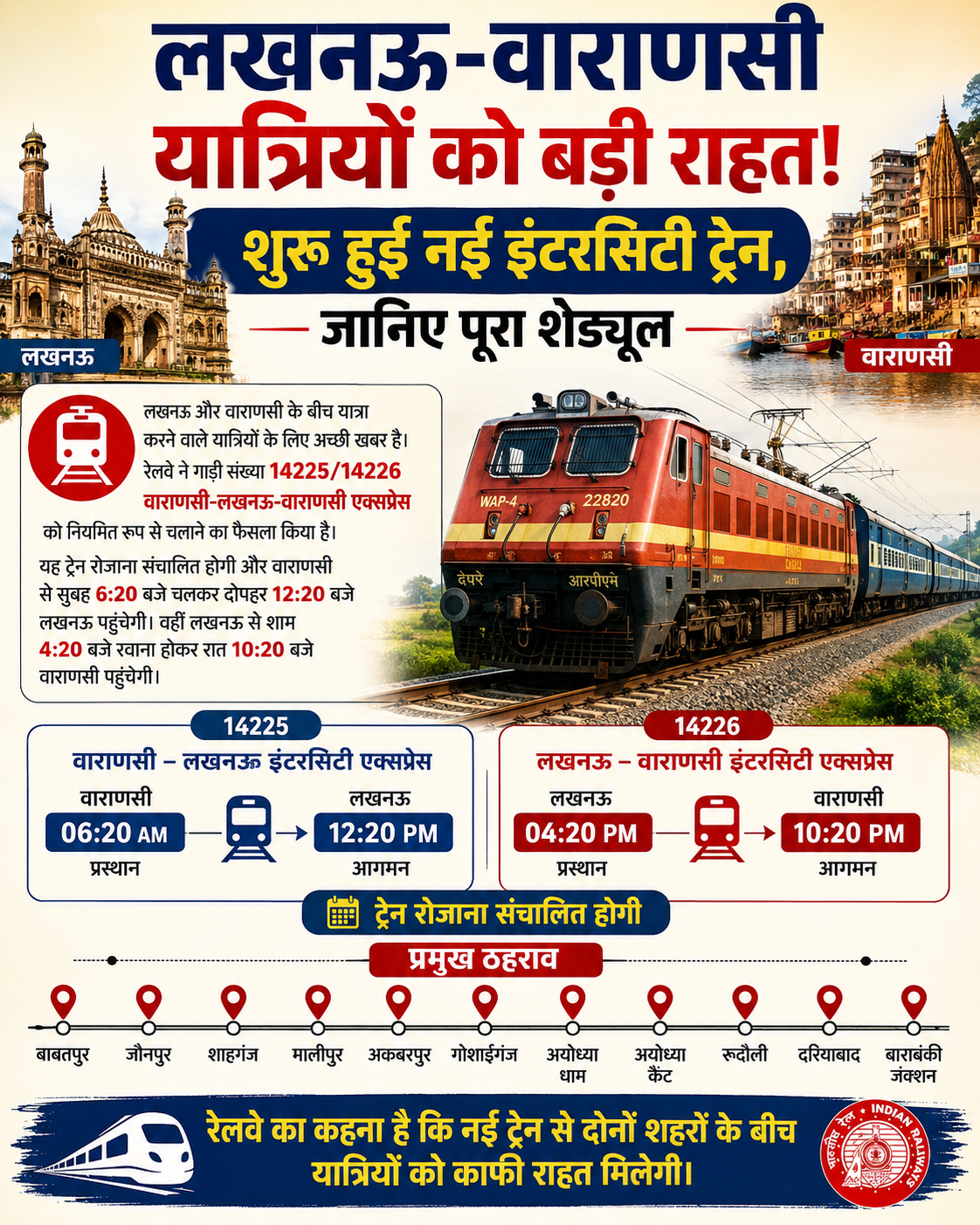 लखनऊ-वाराणसी के बीच शुरू हुई नई इंटरसिटी ट्रेन, जानें टाइम टेबल, स्टॉपेज और पूरी जानकारी