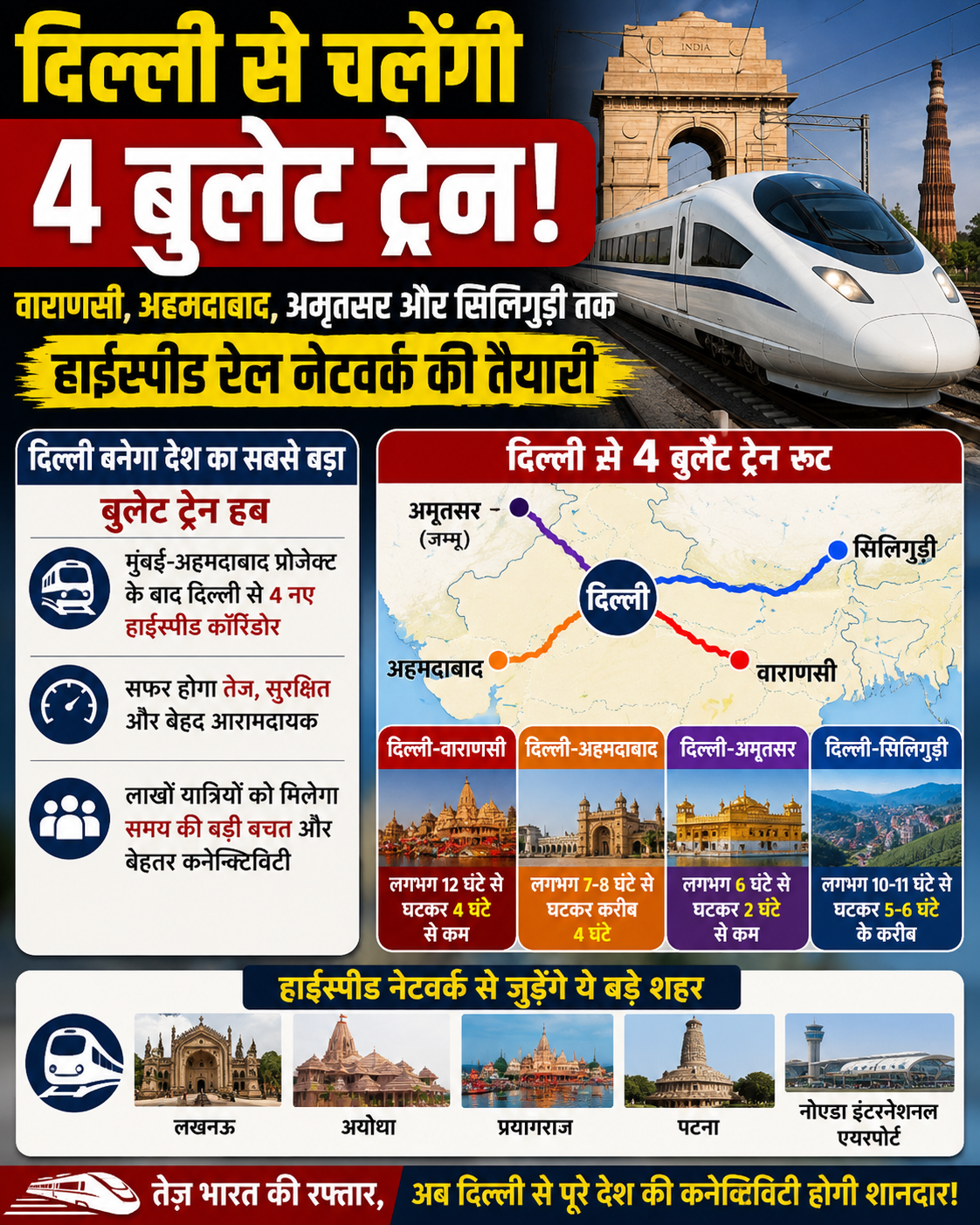 दिल्ली से चलेंगी 4 नई बुलेट ट्रेन! वाराणसी, अहमदाबाद, अमृतसर और सिलिगुड़ी तक हाईस्पीड रेल कॉरिडोर की तैयारी