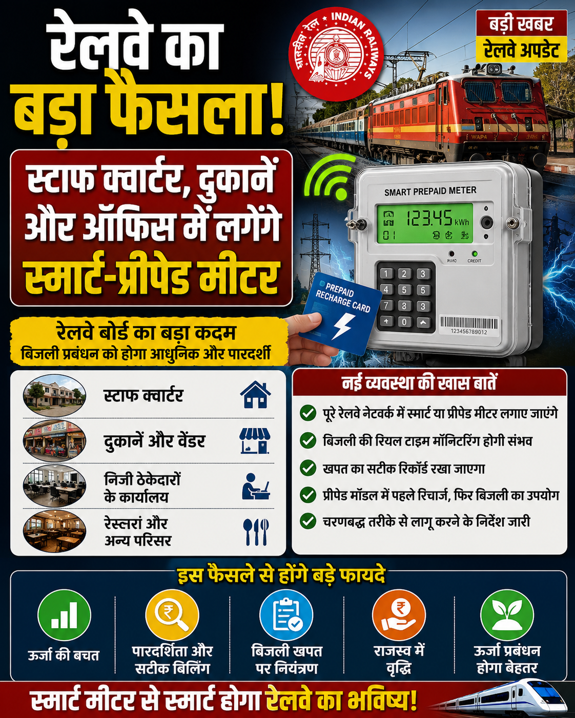रेलवे का बड़ा फैसला! स्टाफ क्वार्टर, दुकानें और ऑफिस में लगेंगे स्मार्ट-प्रीपेड मीटर, बिजली बिल व्यवस्था में होगा बड़ा बदलाव