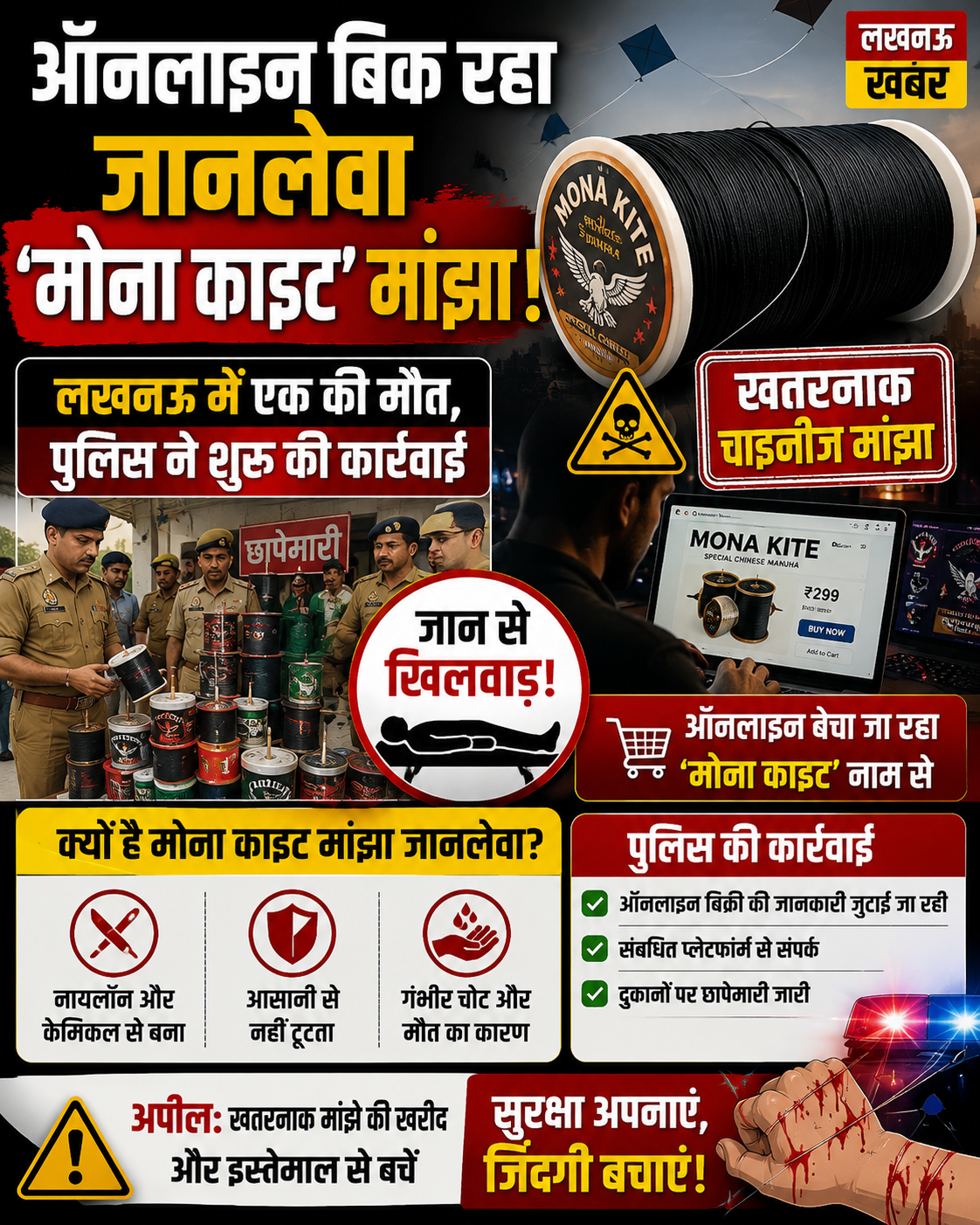 ऑनलाइन बिक रहा जानलेवा ‘मोना काइट’ मांझा! हाईकोर्ट की सख्ती के बावजूद नहीं थम रही बिक्री, लखनऊ में बढ़ा खतरा