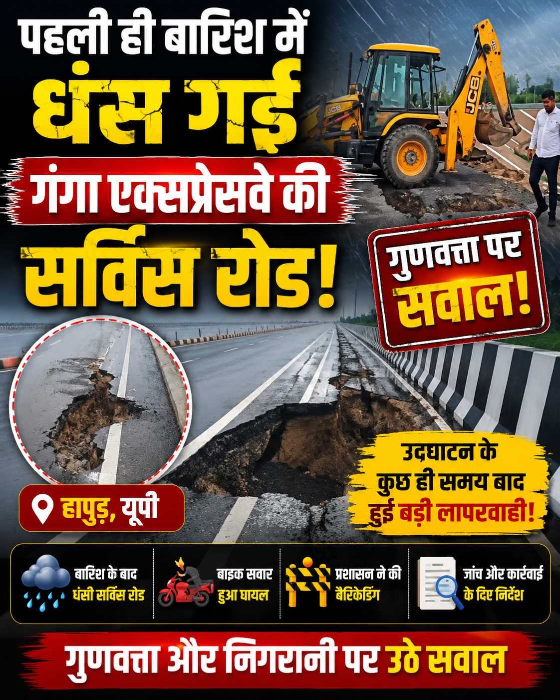 पहली ही बारिश में धंसी गंगा एक्सप्रेसवे की सर्विस रोड! हापुड़ में निर्माण गुणवत्ता पर उठे सवाल
